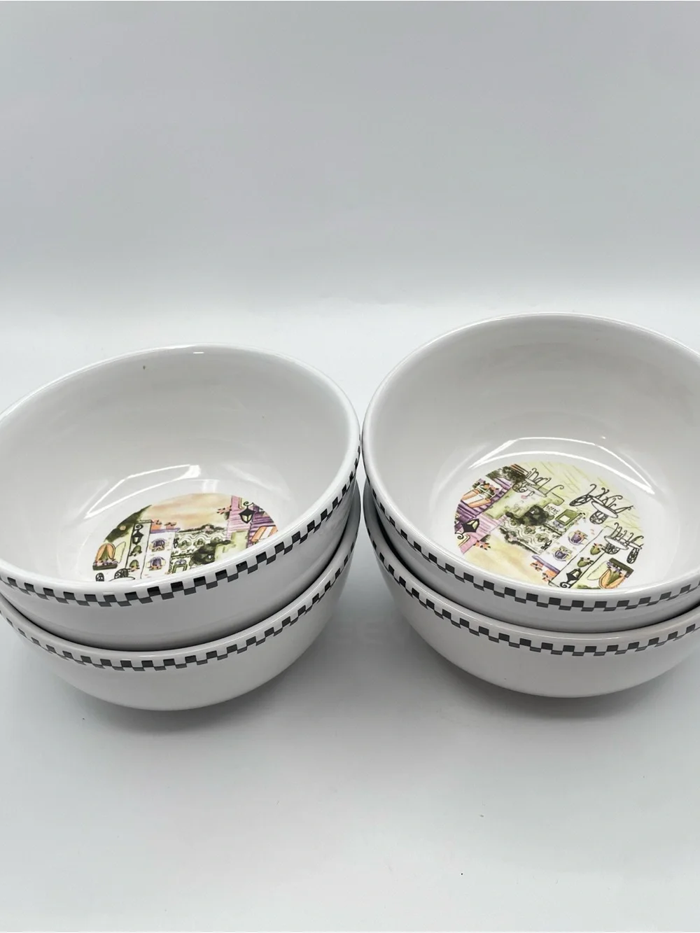 Set of 4 Bistro Cafe Scene Soup Bowls  6” Wide Black Check Border Ceramic
